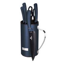 Jg De Facas Cabo Azul + Suporte Inox 7 Pcs Az