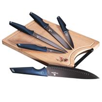 Jg De Facas Cabo Azul + Tábua De Madeira 6 Pc