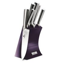 Jg De Facas Cabo Roxo Com Suporte De Inox 6 P