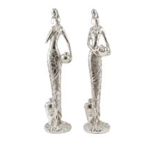 Jg Escultura Mulheres Africanas 2 Pç 26cm Prata Metálica