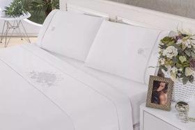 Jg Lençol Queen Bordado Crivo 4 Pc 200 Fios 100% Algo Branco