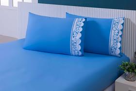 Jg Lençol Viúva 188x128x25 Bordado Gira Sol 3peças 200fios AZUL