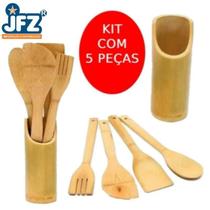 Jg utensilios bambu 5 pçs c/ suporte