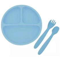 Jgo P/ Refeição Infantil Silicone Azul Garfo, Prato e Colher - Mimo