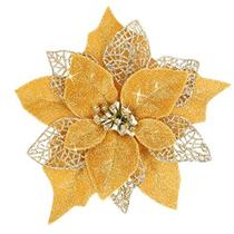 Jim's Cabin Artificial Flowers Pack de 12 Poinsettias de Glitter para Enfeites de Árvore de Natal Borboleta Decorações de Ouro de Natal (Dourado)