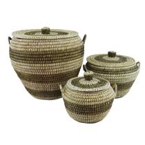 Jogo 03 Cestos Em Rattan Marrom Redondo
