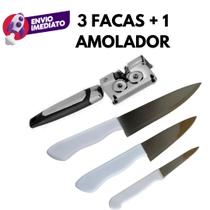 Jogo 03 Facas Profissional Cabo Branco E 01 Amolador Afiador Manual Inox Facas E Tesouras