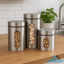 Jogo 03 Potes Inox Tampa de Rosca Porta Mantimentos Visor de Vidro Transparente Organizador Cozinha