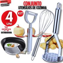 Jogo 04 Unidades Amassador de batatas legumes purê em aço inox Descascador de Alho Legumes Premium