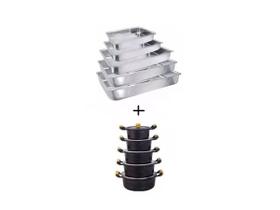 Jogo 05 Caçarola Alça Madeira Reta Craqueada e 05 Assadeiras Jogo 05 Caçarola Alça Madeira Reta Craqueada e 05 Assadeiras