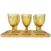Jogo 06 Taças Diamond Vidro e Bandeja Decorativa de Bambu
