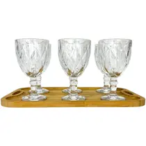 Jogo 06 Taças Diamond Vidro e Bandeja Decorativa de Bambu
