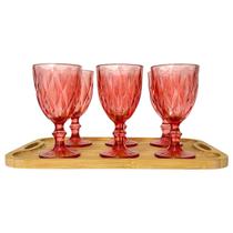 Jogo 06 Taças Diamond Vidro e Bandeja Decorativa de Bambu