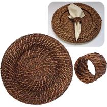 Jogo 1 Sousplat e 1 Anel De Guardanapo De Bambu Rattan Marrom Escuro Luxo - MUNDIART