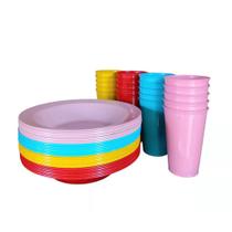 Jogo 10 prato 10 copo plastico grande redondo colorido agua suco lanche porção refeição infantil - Decorplast