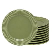 Jogo 10 Prato de Sobremesa de Cerâmica Frisada Scalla Verde Cristina 20cm Mesa Posta