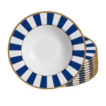 Jogo 10 Prato Fundo de Cerâmica Azul e Branco Listras Stripe Azul Alleanza 24,5cm Jogo 10 Prato Fundo de Cerâmica Azul e Branco Listras Stripe Azul Alleanza 24,5cm