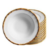 Jogo 10 Prato Fundo de Cerâmica Branco Borda de Bambu Grossa Flat Scalla 22cm Jogo 10 Prato Fundo de Cerâmica Branco Borda de Bambu Grossa Flat Scalla 22cm