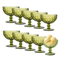 Jogo 10 Taça de Sobremesa Sorvete Coquetel de Vidro Diamante Verde 310ml Class Home