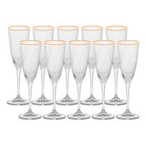 Jogo 10 Taças de Champanhe Vidro Wolff Borda Dourada Lines 300ml