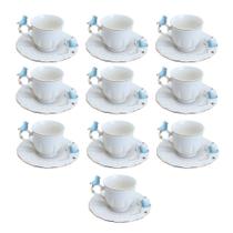 Jogo 10 Xícara de Café Porcelana Birds Azul e Branca Fio Dourado Pássaro com Pires 100ml Wolff