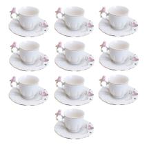 Jogo 10 Xícara de Café Porcelana Rosa e Branca Birds Pássaro com Pires 100ml Wolff
