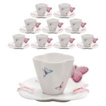 Jogo 10 Xícaras de Café em Porcelana com Pires Borboletas 100ml Wolff