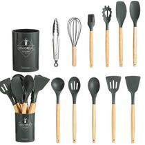 Jogo 11 Colheres De Silicone Cabo Madeira Utensílios Cozinha