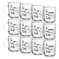 Jogo 12 Caneca de Café Te Amo Vidro Transparente 220ml Xícara Lyor