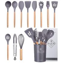 Jogo 12 Colheres De Silicone Cabo De Madeira Utensílios Cozinha Linha Premium