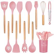 Jogo 12 Colheres De Silicone Cabo Madeira Utensílios Cozinha Top