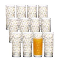 Jogo 12 Copo Alto de Vidro para Drink 330ml Transparente Dourado Cube Wolff