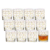 Jogo 12 Copo de Whisky Vidro Baixo para Drink Whiskey Uisque Detalhe Dourado Cube 320ml Wolff