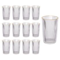 Jogo 12 Copos De Vidro Alto Long Drink Borda Dourada Canelado 370ml