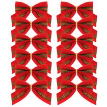 Jogo 12 Mini Laços Natalinos Veludo Vermelho e Verde com Dourado