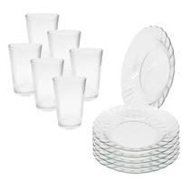 Jogo 12 Peças Aparelho de Jantar 6 Pratos Fundo Liso Vidro + 6 Copos Latino