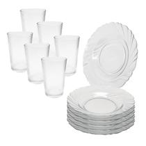 Jogo 12 Peças Aparelho de Jantar 6 Pratos Fundo Liso Vidro + 6 Copos Latino