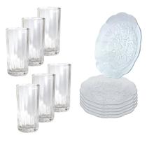 Jogo 12 Peças Aparelho de Jantar 6 Pratos Fundo Liso Vidro + 6 Copos Long