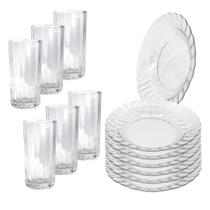 Jogo 12 Peças Aparelho de Jantar 6 Pratos Fundo Liso Vidro + 6 Copos Long