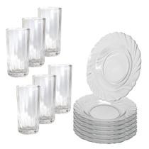 Jogo 12 Peças Aparelho de Jantar 6 Pratos Fundo Liso Vidro + 6 Copos Long