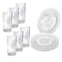 Jogo 12 Peças Aparelho de Jantar 6 Pratos Fundo Liso Vidro + 6 Copos Long