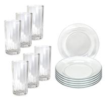 Jogo 12 Peças Aparelho de Jantar 6 Pratos Fundo Liso Vidro + 6 Copos Long