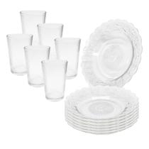 Jogo 12 Peças Aparelho de Jantar 6 Pratos Fundo Vidro + 6 Copos