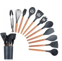 Jogo 12 Peças Utensilios Cozinha Silicone Madeira Preto