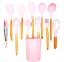 Jogo 12 Peças Utensilios Cozinha Silicone Madeira Rosa Jogo 12 Peças Utensilios Cozinha Silicone Madeira Rosa