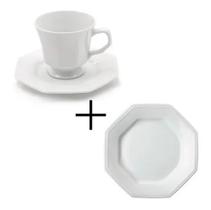Jogo 12 Peças - Xicaras de Chá + Pratos Sobremesa - 4 Xicaras + 4 Pires + 4 Sobremesa Prisma - Porcelana Schmidt