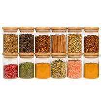 Jogo 12 potes de vidro 250ml com tampa de bambu herméticos para tempero - Oikos