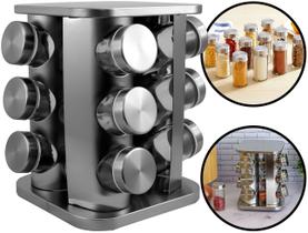 Jogo 12 Potes Vidro 80ml Tampa Hermética Porta Condimentos Temperos Com Base Quadrada Giratória Aço Inox