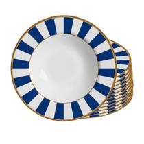 Jogo 12 Prato Fundo de Cerâmica Azul e Branco Listras Stripe Azul Alleanza 24,5cm Jogo 12 Prato Fundo de Cerâmica Azul e Branco Listras Stripe Azul Alleanza 24,5cm