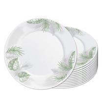 Jogo 12 Prato Raso Opaline de Vidro Branco com Folhas Jungle Leitoso 26cm Haüskraft